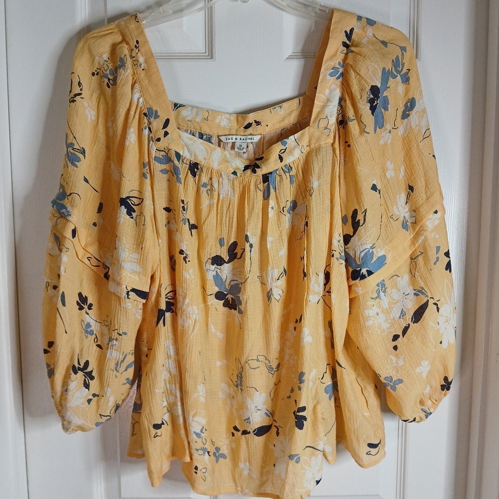 Butter Yellow w/ Blue Floral Square Neck Women's Top Sz XL